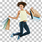 Shopping, jump and woman with bags in studio after an amazing discount, sale or promotion. Energy, excited and portrait of female model from Brazil jumping after purchase isolated on a png background