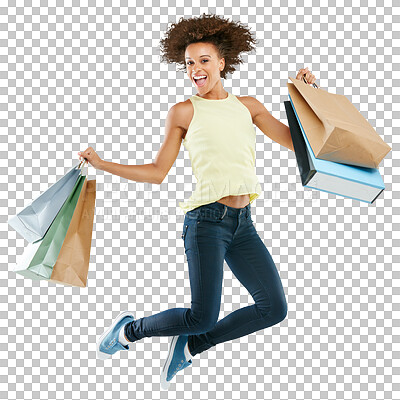 Buy stock photo Woman jump, excited portrait and shopping bags for retail market and promotion. Female, customer and happy boutique purchase with clothes package and happiness isolated on transparent, png background