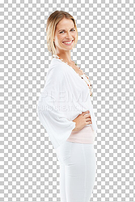 Portrait, fashion and mockup with a woman in studio isolated on a png background to promote a clothes brand. Happy, model and mock up with an attractive female posing on blank space for clothing