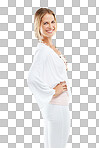 Portrait, fashion and mockup with a woman in studio isolated on a png background to promote a clothes brand. Happy, model and mock up with an attractive female posing on blank space for clothing