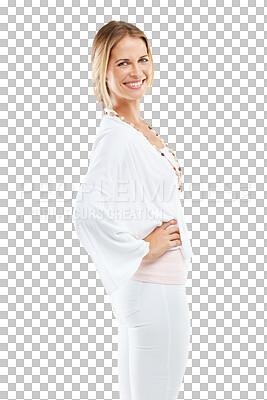 Buy stock photo Fashion, happy and portrait of woman with smile on png, isolated and transparent background. Happiness, elegant style and middle aged female in trendy, stylish and casual clothes and confident pose