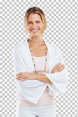 Buy stock photo Happy woman with smile in portrait, arms crossed with success, confidence and style isolated on png background. Fashion, elegant and happiness, female with positive mindset and stylish clothes