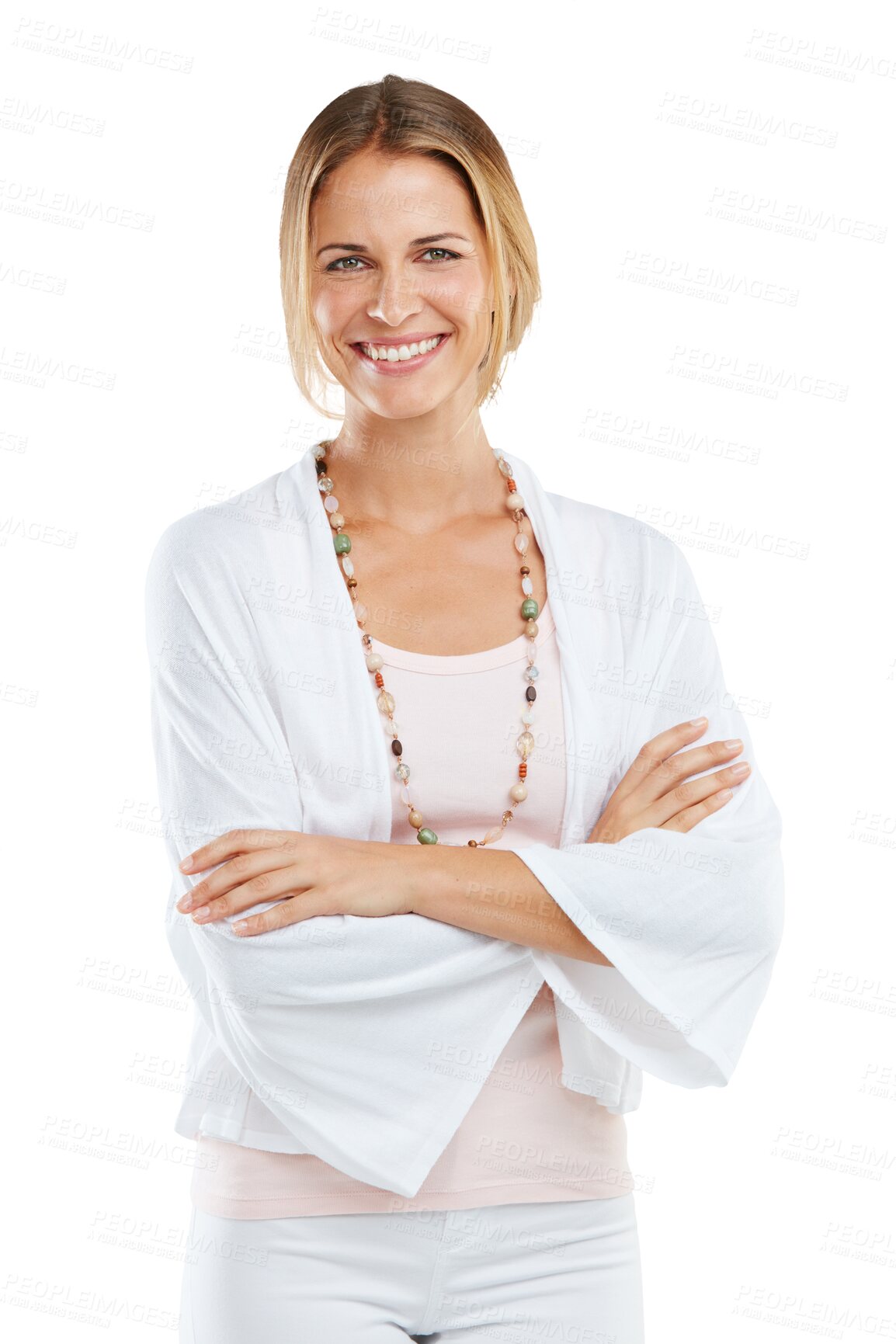 Buy stock photo Happy woman with smile in portrait, arms crossed with success, confidence and style isolated on png background. Fashion, elegant and happiness, female with positive mindset and stylish clothes