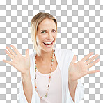 Surprise, hands wave and portrait of a mature woman with happiness and a smile showing palms. isolated on a png background, happy and isolated model excited with hand waves in a studio with mock up and smiling