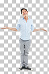 Man, happy portrait and shrugging in studio with a smile and open or empty hands isolated on a png background. Asian male model advertising a positive mindset, happiness and lifestyle balance