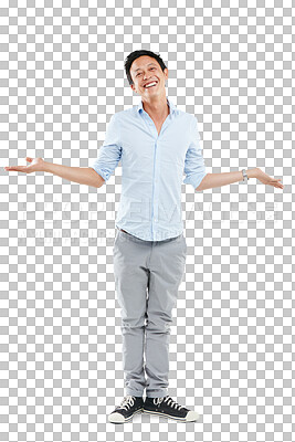 Buy stock photo Open arms, welcome and portrait of asian man on png background for promotion, announcement and idea. Offer, news and presentation with male isolated on transparent for product placement and show