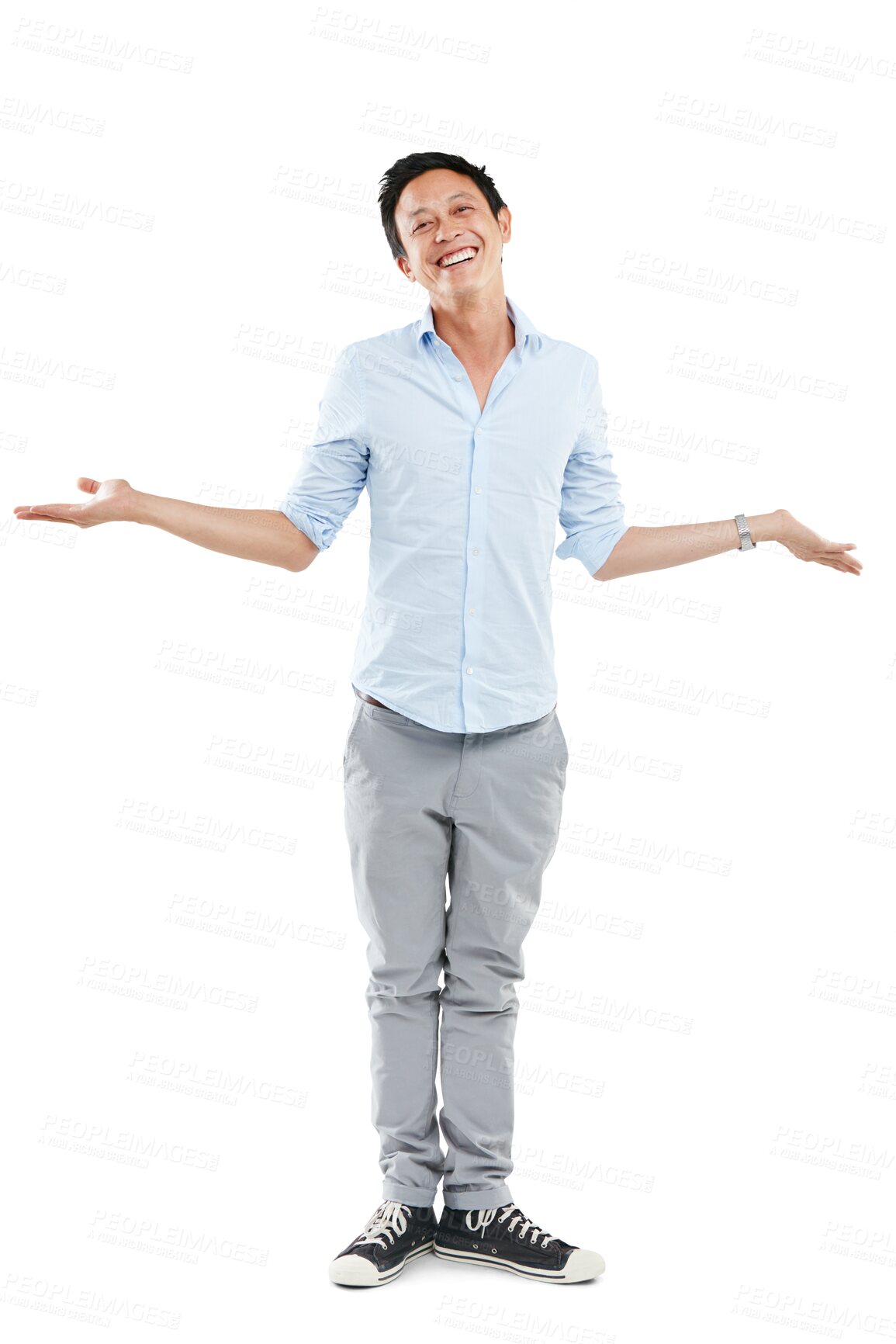 Buy stock photo Open arms, welcome and portrait of asian man on png background for promotion, announcement and idea. Offer, news and presentation with male isolated on transparent for product placement and show