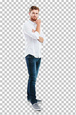 Buy stock photo Portrait, confidence and focus of handsome entrepreneur standing in fashion isolated on a transparent png background. Confident businessman, attractive guy or male model with serious mindset