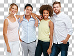 Diversity, people and portrait smile of friends standing together in friendship against isolated on a png background. Isolated diverse group smiling in for unity, community or profile on white background