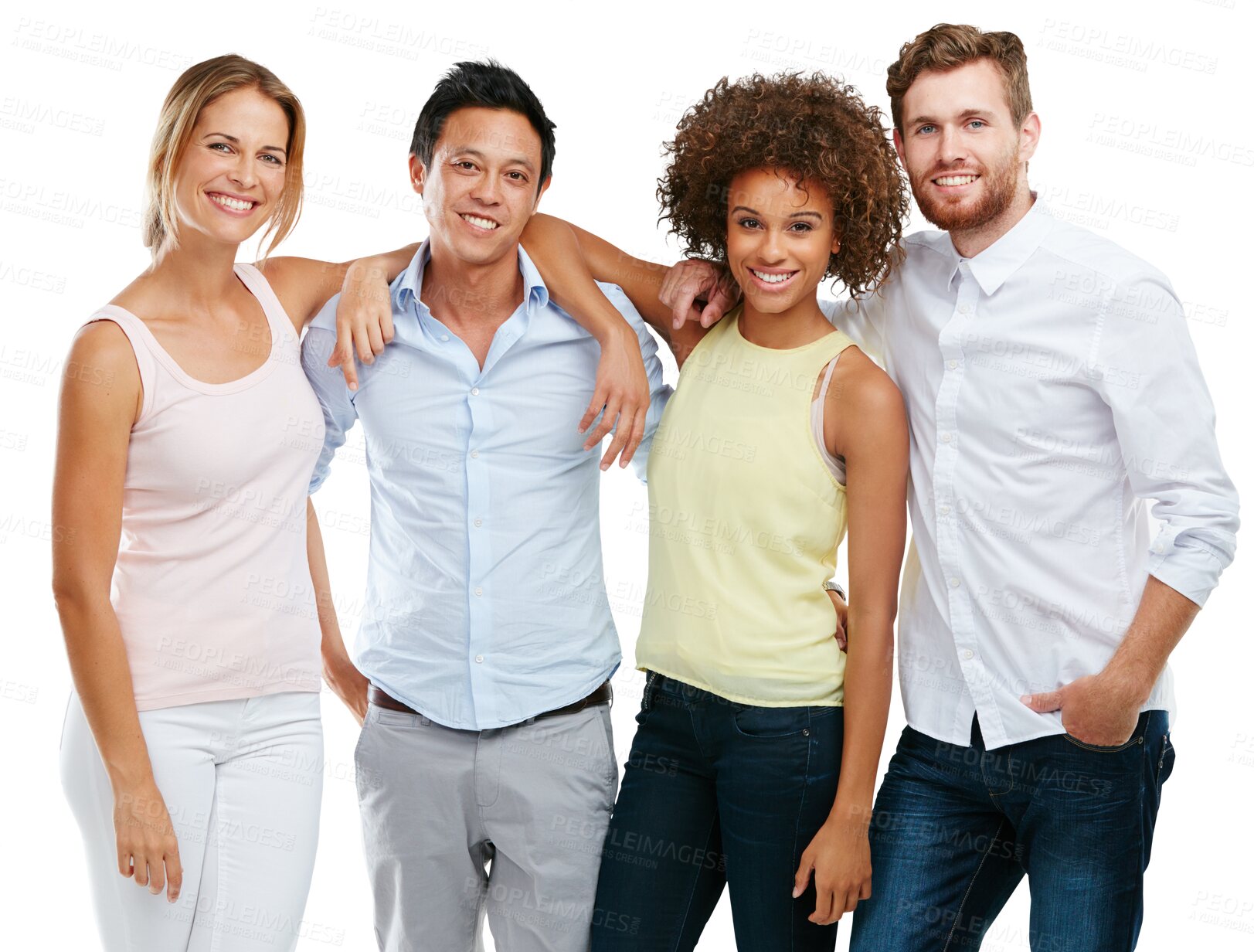 Buy stock photo Diversity, people and portrait smile of friends standing together in friendship isolated on a transparent png background. Diverse group smiling in happiness for hug, unity or trust in community