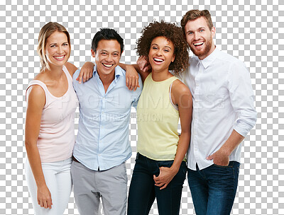 Diversity, people and friends laughing while standing together in friendship. Portrait of isolated diverse group smiling in unity for community on isolated on a png background