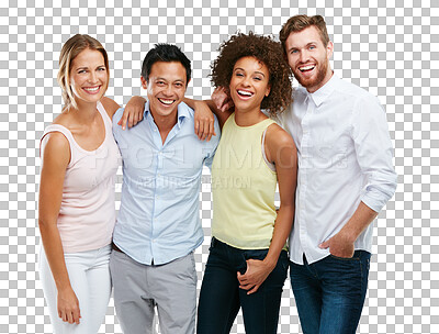 Buy stock photo Diversity, people and friends laughing while standing together in friendship or community. Portrait of happy diverse group smiling with hug for community on isolated on a transparent png background