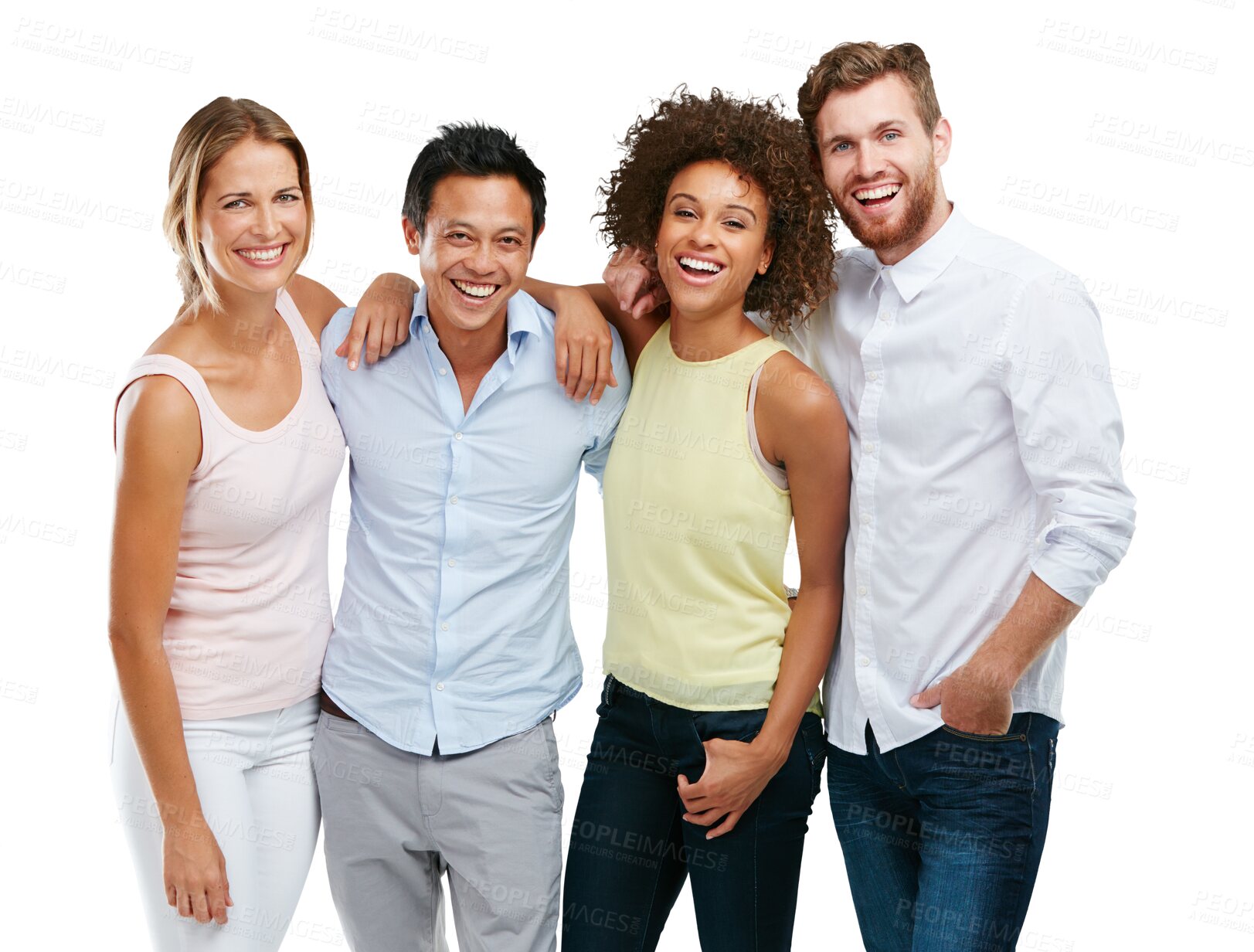 Buy stock photo Diversity, people and friends laughing while standing together in friendship or community. Portrait of happy diverse group smiling with hug for community on isolated on a transparent png background