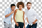 Diversity, people together and standing casual. Interracial models, comic friends and collaboration portrait for positive mindset, group success or support in isolated on a png background