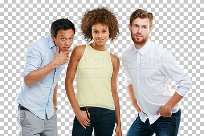 Buy stock photo Diversity, people together and standing casual of interracial models or comic friends posing. Portrait of goofy, silly or fun playful group in support isolated on a transparent png background