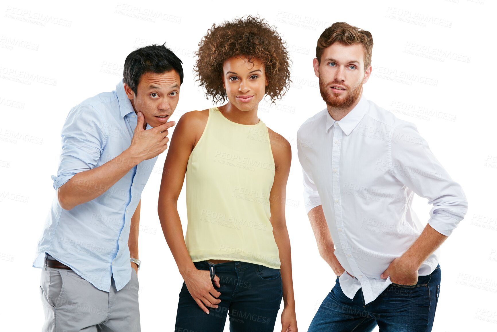 Buy stock photo Diversity, people together and standing casual of interracial models or comic friends posing. Portrait of goofy, silly or fun playful group in support isolated on a transparent png background