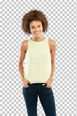 Buy stock photo Black woman, portrait and afro hairstyle in fashion, trendy or casual style isolated on a transparent png background. Smile, happy person or model in confidence for about us or positive mindset