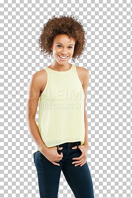 Buy stock photo Portrait, casual and black woman happy and confidence of person, relax and standing on mockup. Cheerful female and smile, carefree and young while posing isolated on a transparent png background