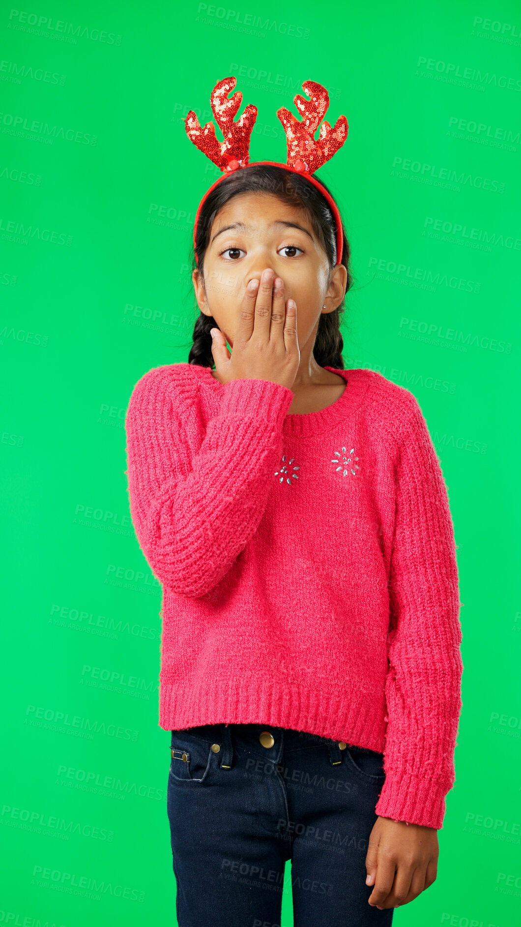 Buy stock photo Christmas, surprise and portrait of child on green screen with wow for deal, announcement and news. Festive, headband and girl in studio with shocked face for holiday, celebration and vacation