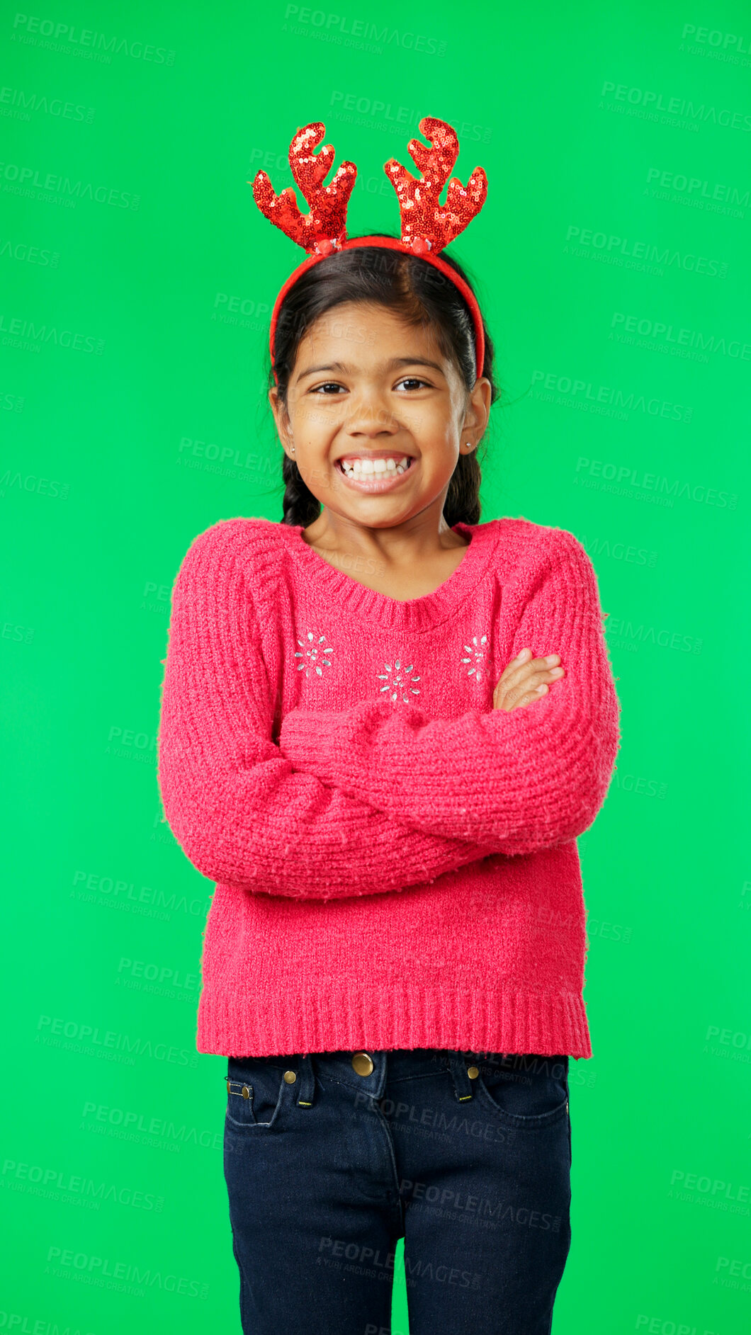 Buy stock photo Christmas, happy and portrait of girl on green screen with arms crossed for festival, present and gift season. Festive, decoration and child in studio excited for holiday, celebration and vacation