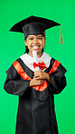 Graduation, education and excited child on green screen for graduate, academy ceremony and award. Primary school, student and portrait of young girl with pride, achievement and success in studio