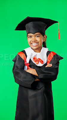 Buy stock photo Happy graduation portrait, green screen and child with learning success, education development progress or school study. Kindergarten girl, knowledge achievement and kid student on studio background