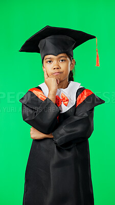 Buy stock photo Graduate, green screen portrait and child thinking of learning idea, education development or primary school graduation. Kindergarten plan, study solution and kid student choice on studio background