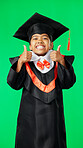 Graduation, happy and face of a child with a thumbs up on a green screen isolated on a studio background. Success, achievement and portrait of an excited girl with an emoji sign for education
