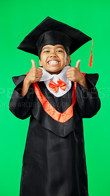 Buy stock photo Happy child, green screen portrait or graduate thumbs up for education learning success, feedback like or school graduation. Kindergarten agreement, yes emoji icon or kid student on studio background