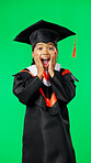 Graduation, education and child with surprise on green screen for graduate, academy and learning. Education, back to school and portrait of girl shout with shock, omg reaction and wow face in studio