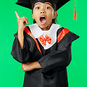 Graduation, surprise and child point on green screen for graduate ...