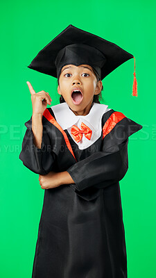 Buy stock photo Graduation idea, green screen portrait and child eureka for learning solution, surprise education plan or school inspiration. Kid, aha facial expression and elementary student on studio background