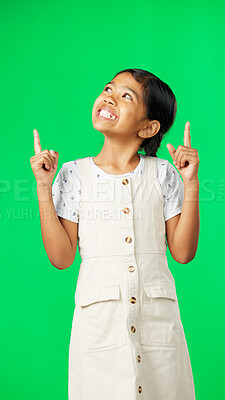 Buy stock photo Smile, pointing and girl with thinking, green screen and choice with inspiration, happiness and show. Excited, female child and a girl kid with direction, decision and promotion with joy for an idea