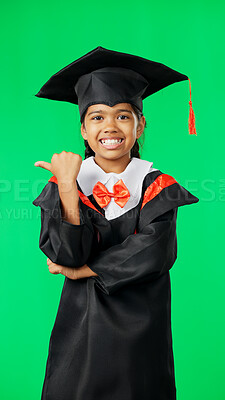 Buy stock photo Graduate, green screen portrait and happy child pointing at learning success, youth education info or primary school direction. Kindergarten promotion, discount and kid student on studio background