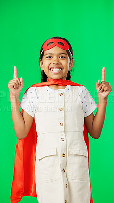 Buy stock photo Superhero, pointing and portrait of child on green screen for fantasy, cosplay costume and comic character. Girl, justice cape and mask of kid in studio for freedom with a smile and happy from game