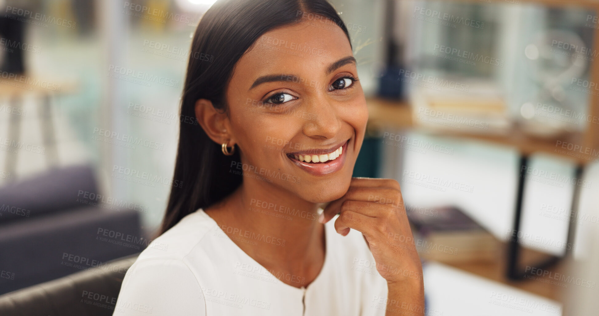 Buy stock photo Portrait, business and woman with a smile, career and success with ideas, startup and ambition. Face, person and employee with opportunity, proud and working with a job and happiness in a workplace