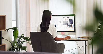 Creative website designer woman at computer or desktop pc working on internet SEO for digital marketing agency. Remote, work from home girl or freelance copywriter employee of online tech company