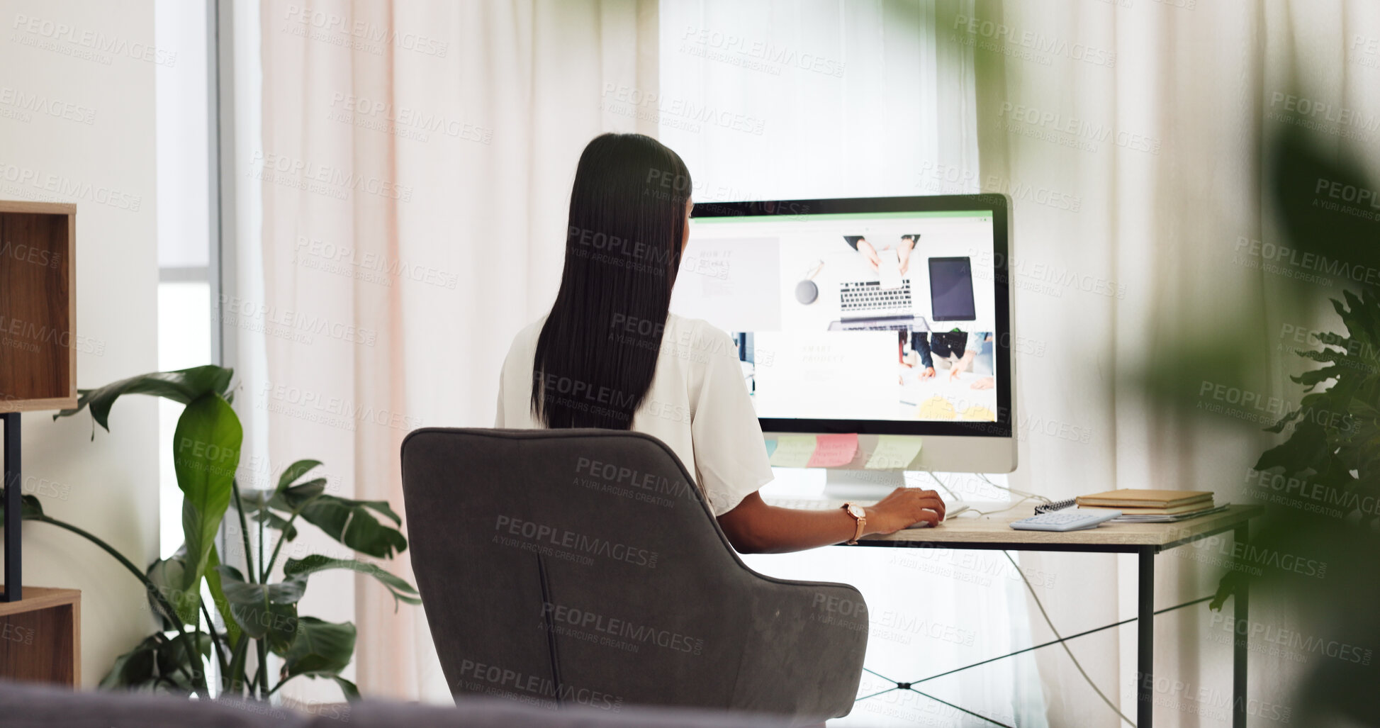 Buy stock photo Remote work, woman at desk with computer and web design for small business in creative media. Internet, research and freelance designer on website project for digital agency in home office from back.