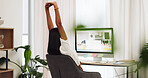 Woman doing stretch from online work on laptop. Businesswoman stretching for posture, fitness and health while working remote. Balance, stress relief and taking a break in office to relax