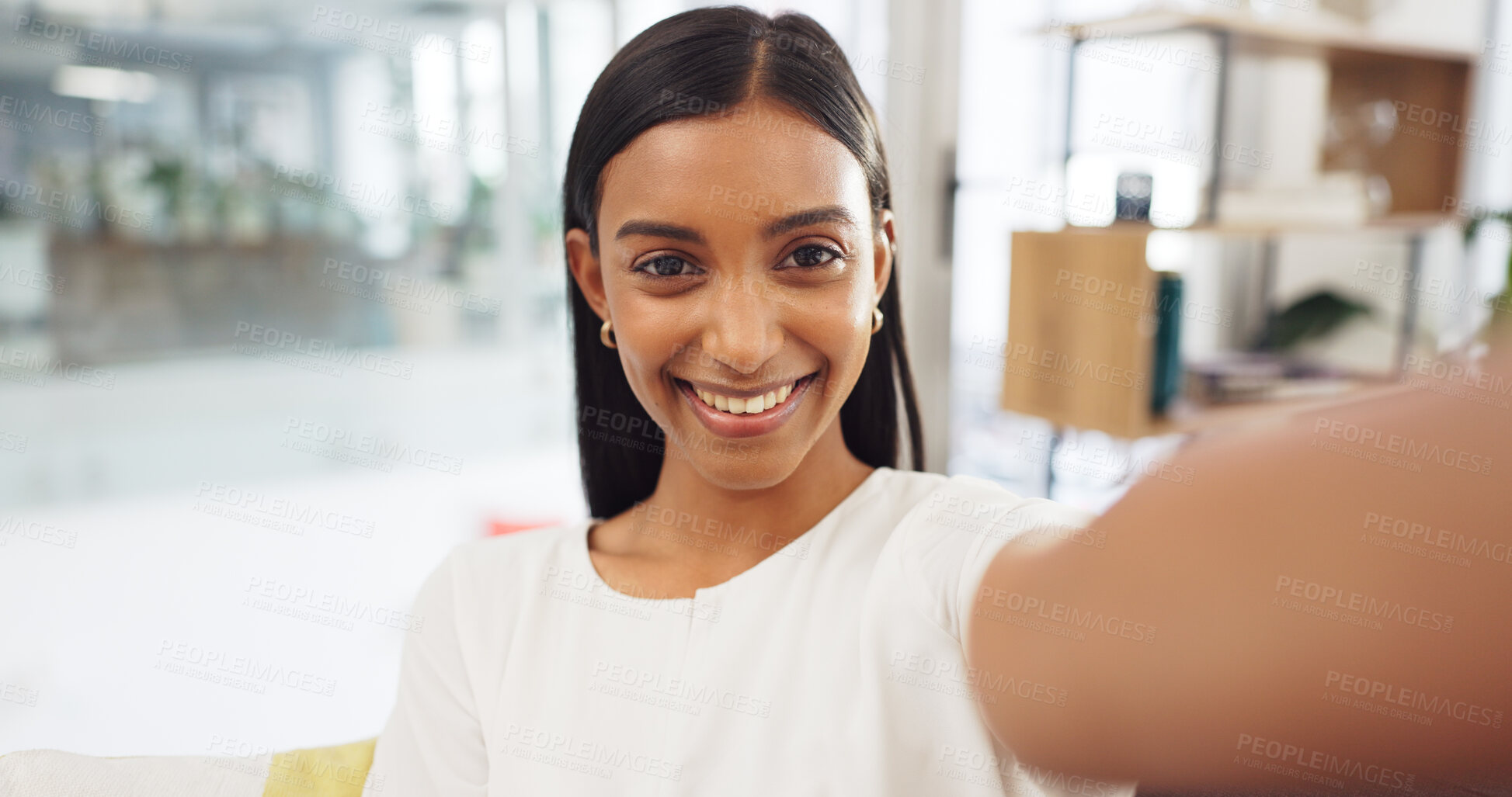 Buy stock photo Smile, selfie and portrait of business woman in the office for legal case with positive attitude. Happy, confident and young Indian female attorney taking picture working on law project in workplace.