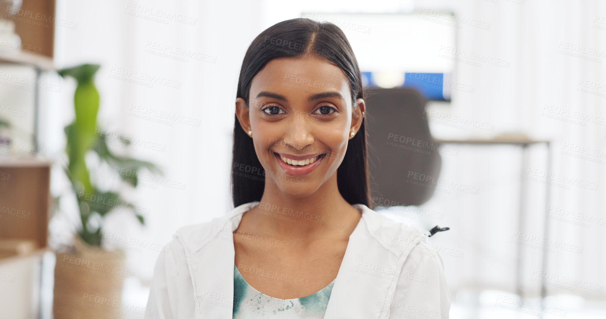 Buy stock photo Happy, smile and portrait of woman in her living room with positive, good and confident attitude. Pride, excited and young Indian female person in her lounge at modern apartment on weekend morning.