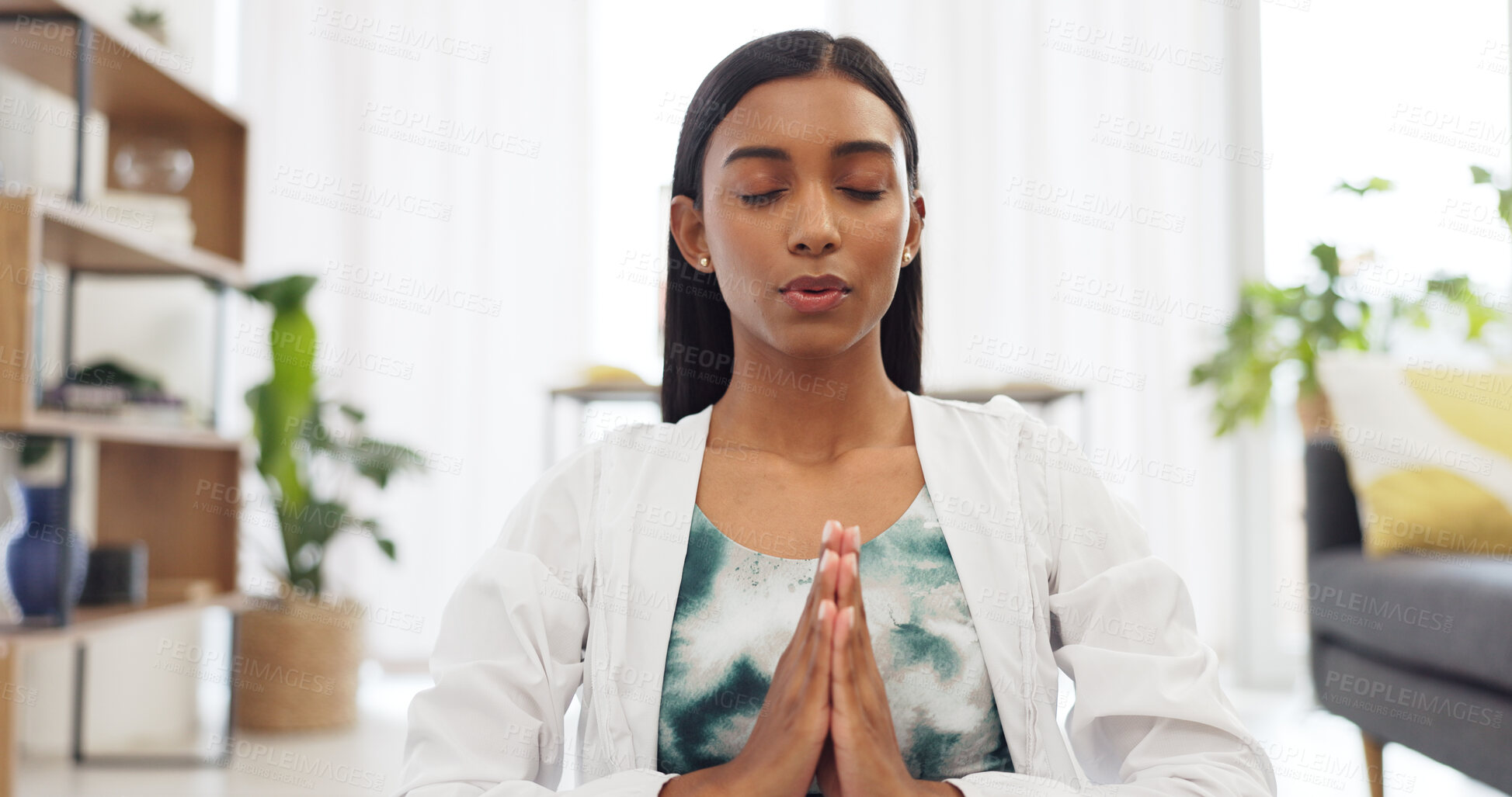 Buy stock photo Yoga, meditation and wellness with a woman with a smile in her home for health and spiritual care. Namaste, zen and breathing with a young female person sitting on a gym mat on the living room floor