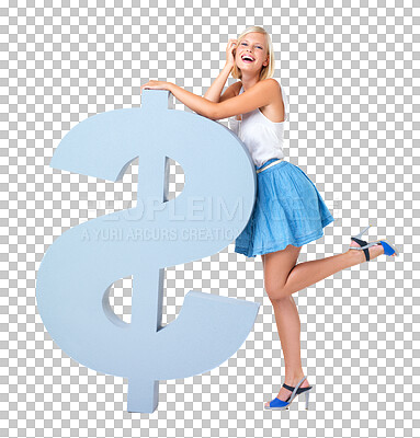Portrait of happy woman, dollar emoji smile and saving in investment profit or startup finance loan. Money, budget and success with financial freedom promotion isolated on a png background