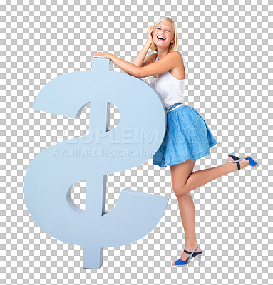 Buy stock photo Woman, dollar sign and happy portrait for money or finance isolated on a png, transparent background. Female model with a icon or symbol for currency, economy and lottery, competition or jackpot win