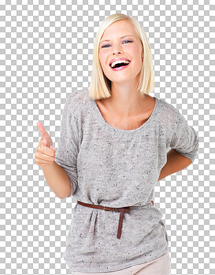 Buy stock photo Thumbs up, hand and portrait of woman laughing with a like emoji and happy.  Female model, gesture and motivation, support or success, thank you or agreement isolated on a transparent png background