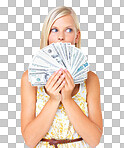 Woman with cash, dollar fan and saving with investment profit or finance loan credit. Money, budget and economic success with financial freedom or bonus payment isolated on a png background