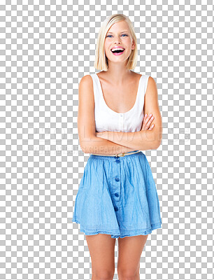 Buy stock photo Happy, laugh and portrait of woman with arms crossed, relaxed and funny. Happiness, laughter and girl model laughing, casual, young and confident standing isolated on a transparent png background