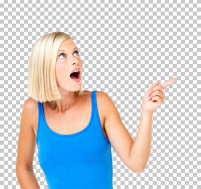 Buy stock photo Shocked, woman and pointing or presenting a marketing discount. Female, model and point hand for choice, sales and advertising for deal and surprise isolated on a transparent, png background