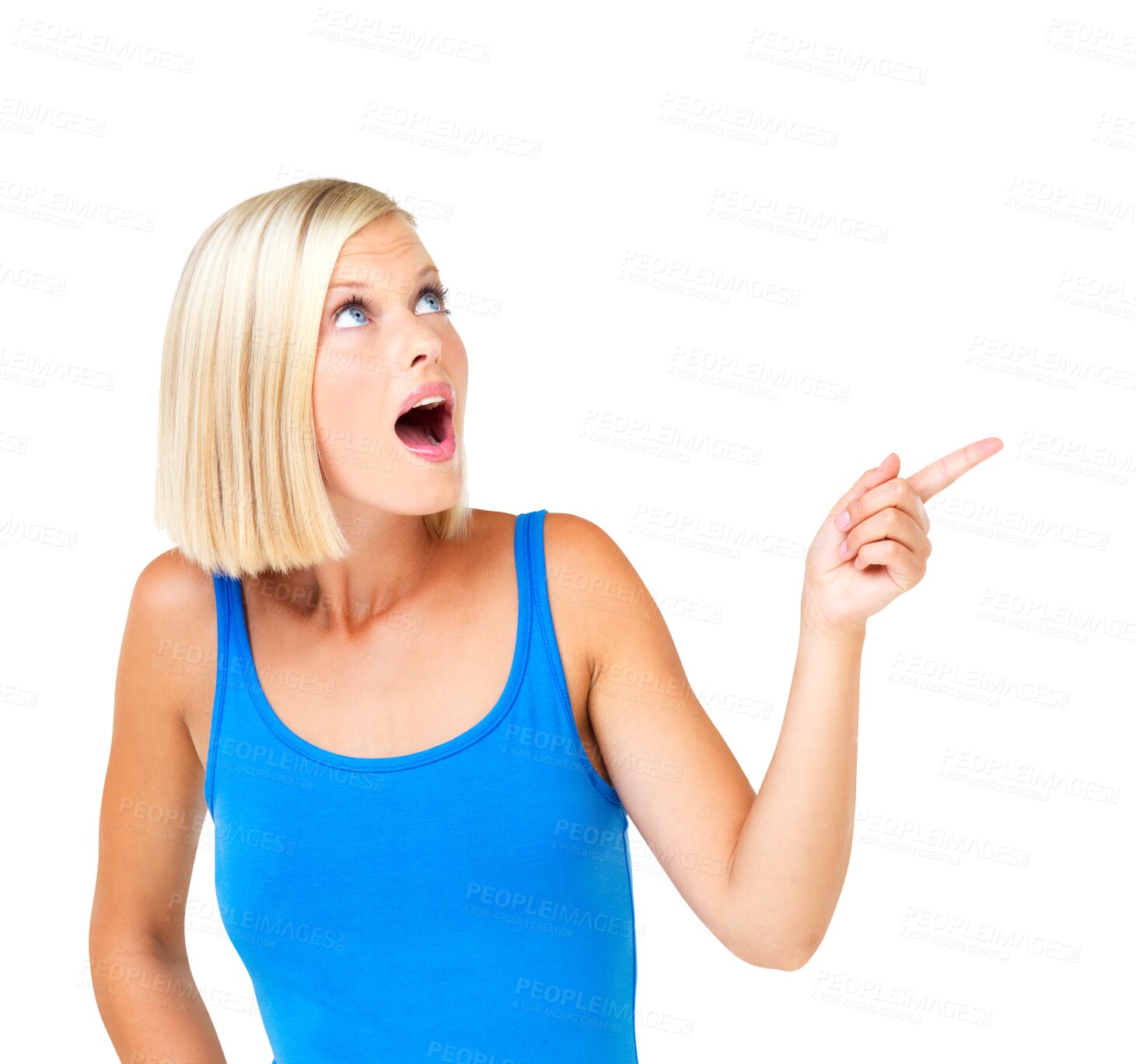 Buy stock photo Shocked, woman and pointing or presenting a marketing discount. Female, model and point hand for choice, sales and advertising for deal and surprise isolated on a transparent, png background