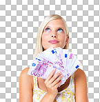 Woman with cash, euro and thinking, looking up at savings and investment profit, startup finance loan isolated on white background. Money, budget and success in financial freedom with bonus isolated on a png background